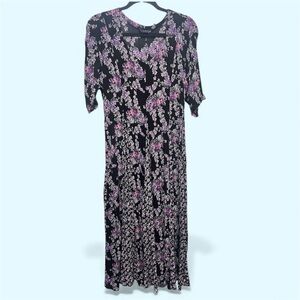 Unique Vintage Black and Purple Floral Midi Dress